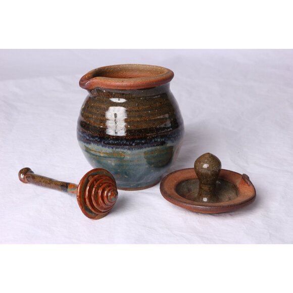Vtg 1979's Handmade Blue & Brown Glazed Ceramic Honey Jar With Lid And Honey Dip - Picture 5 of 10